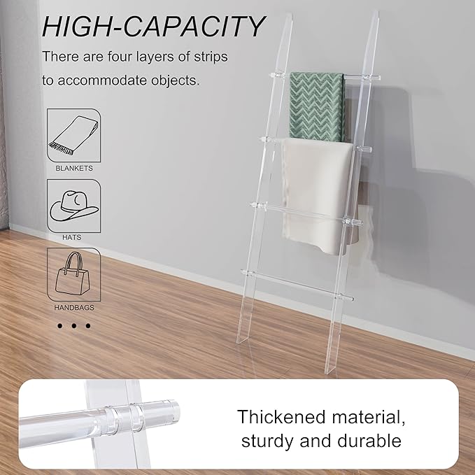 67 in Blanket Ladders, 4 Tier Modern Decor Waterproof Towel Rack for Bathroom, Living Room and Bedroom, Easy Assembly Transparent Blanket Holder, Leaning Quilt Ladder with Anti Slip Pads