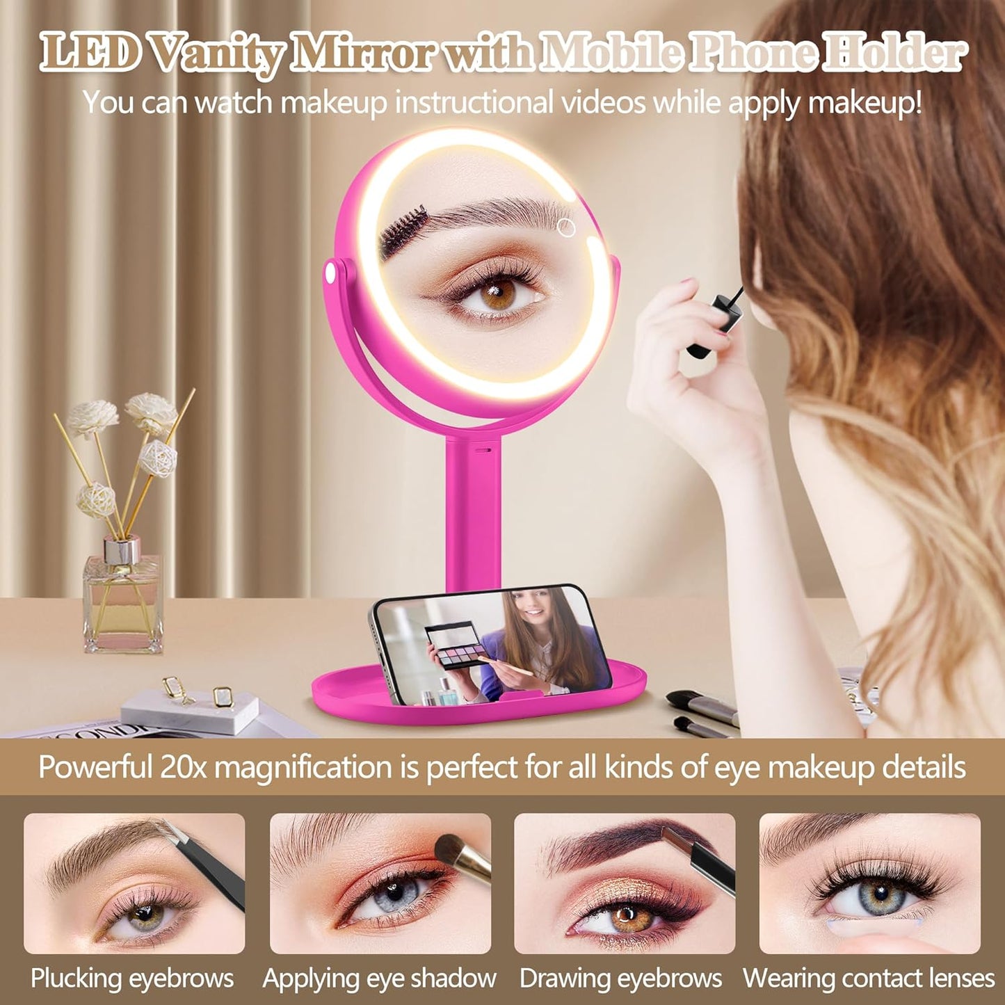 Makeup Mirror with Lights, Double Sided 1x/20x Magnifying Mirror with Light, Rechargeable 3 Color Lights and Adjustable Brightness, 360° Rotation Detachable Comes with Tweezer(Hotpink)