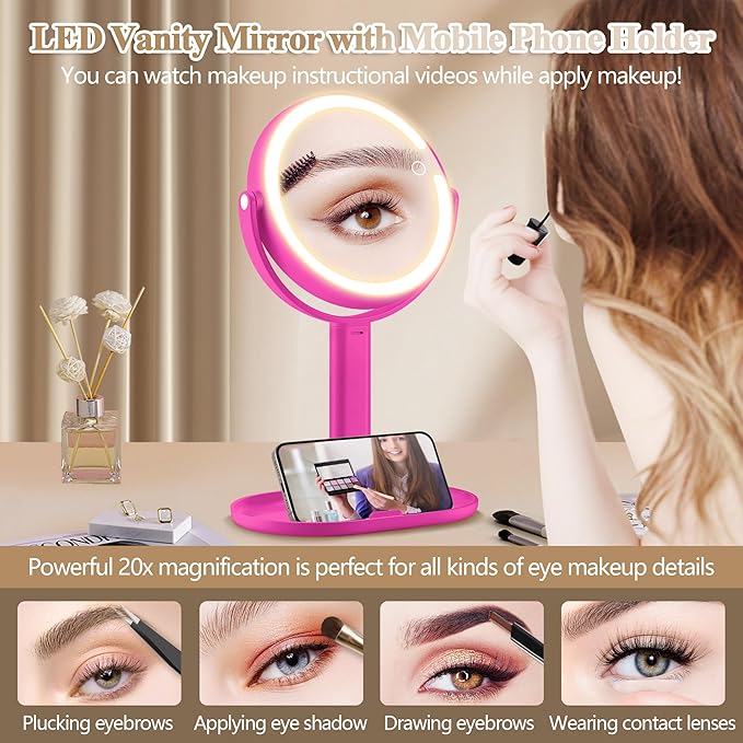 Makeup Mirror with Lights, Double Sided 1x/20x Magnifying Mirror with Light, Rechargeable 3 Color Lights and Adjustable Brightness, 360° Rotation Detachable Comes with Tweezer(Hotpink)