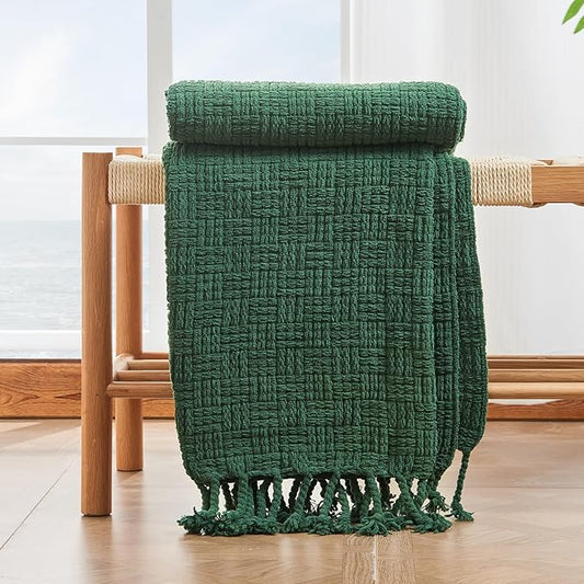 lifein Throw Blanket for Couch - Boho Throw Blanket, Knit Woven Blanket, Soft Decorative Blankets&Throws with Tassels for Bed,Sofa,Chair,Home Decor (Geen, 50 * 60, Waffle)