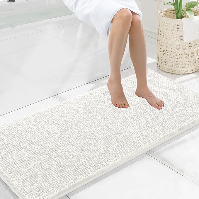 Smiry Luxury Chenille Bathroom Rugs 47x20, Extra Soft and Absorbent Shaggy Bath Mat, Machine Washable, Non-Slip Plush Carpet Runner for Tub, Shower, and Floor, Home Decor Accessories, Ivory