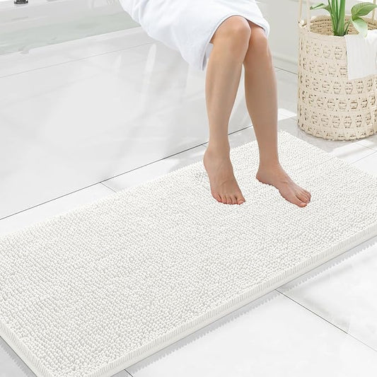 Smiry Luxury Chenille Bathroom Rugs 47x20, Extra Soft and Absorbent Shaggy Bath Mat, Machine Washable, Non-Slip Plush Carpet Runner for Tub, Shower, and Floor, Home Decor Accessories, Ivory