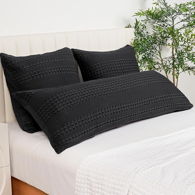 PHF 100% Cotton Waffle Body Pillowcase with Zipper, 1 Pack 20" x 54" Soft Skin-Friendly Pillow Sham, No Filling, Aesthetic Woven and Breathable Waffle Weave Body Pillow Cover for Bed, Black