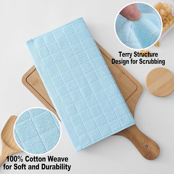 Homaxy 100% Cotton Terry Kitchen Dish Cloths, Ultra Soft and Absorbent Dish Towels for Kitchen, Suitable for Drying and Washing Dishes, 12 Pack, 12 x 12 Inches,Sky Blue