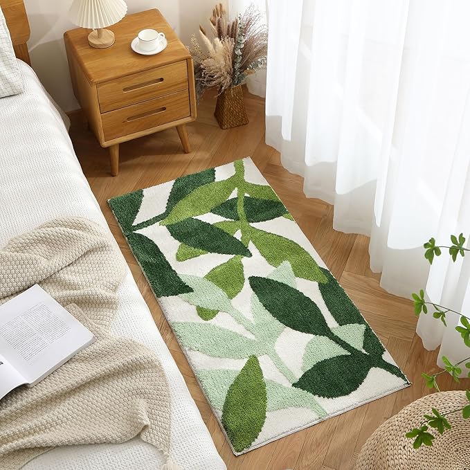 Gibelle Long Bathroom Runner Rug 24"x48", Green Leaves Large Bath Runner Rugs for Bathroom, Non-Slip Strong Water Absorbent Plush Microfiber Bath Mat Runner Washable