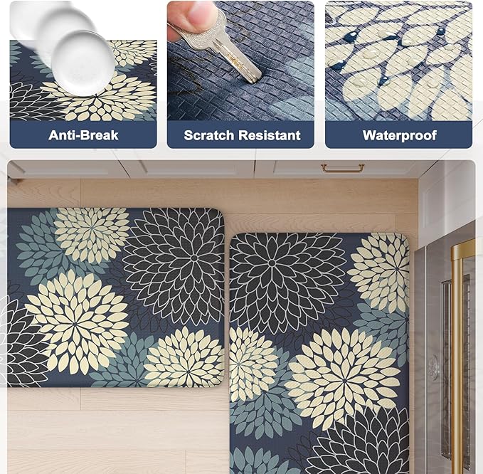 KIMODE Padded Anti Fatigue Rug Sets of 2, Ergonomic Standing Kitchen Rugs 2PCS, Boho Kitchen Mats for Floor 2 Pieces Stain Resistant, Non Slip Kitchen Sink Floor Mat Waterproof, 20"x32"+20"x47", Blue