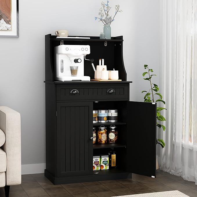 54" Freestanding Kitchen Pantry Storage Cabinet with Doors and Adjustable Shelves, Microwave Oven Cabinet with Drawer for Kitchen, Bathroom or Hallway,Black