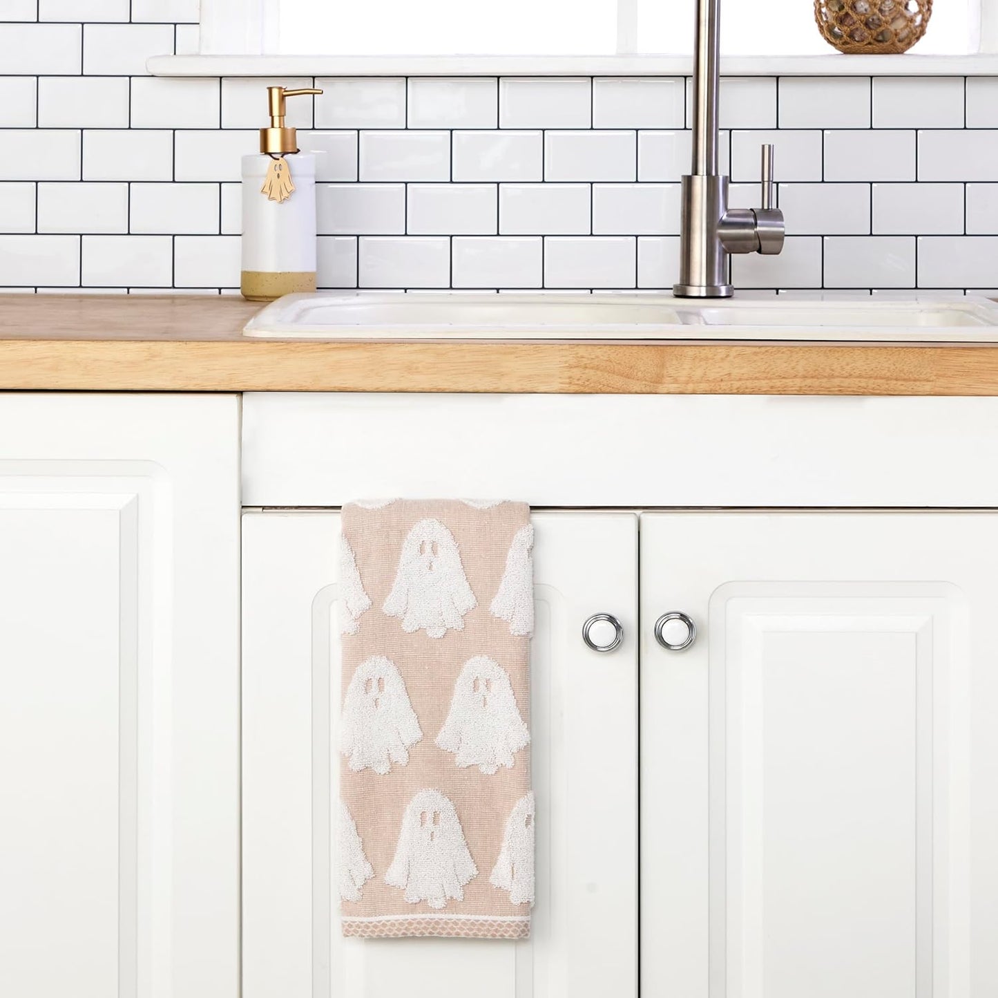 SKL Home Halloween Ghost Jacquard 100% Cotton Reversible 2pc Hand Towel Set, Soft & Absorbent, Decorative for Bath/Kitchen/Bar & Gift, Tan