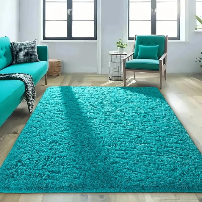 Ophanie Teal Rugs for Living Room Bedroom, 5x8 Fluffy Fuzzy Furry Carpet, Plush Soft Shaggy Bedside Indoor Floor Area Rug for Kids Girls Boys Baby Teen Dorm Nursery Home Decor Aesthetic