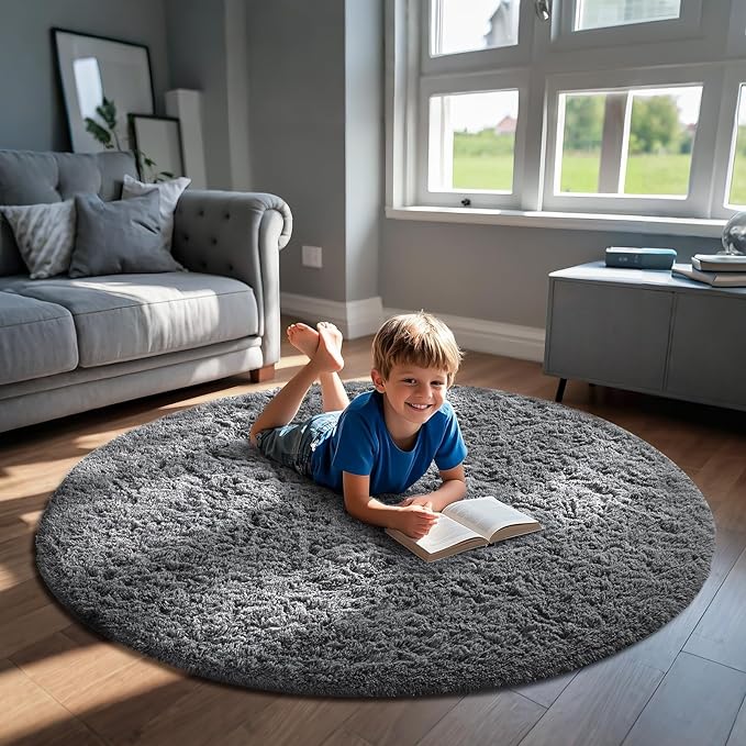 Ophanie Round Rugs 6Ft Grey Circle Area Rug, Fluffy Fuzzy Bedroom Carpet, Plush Soft Shaggy Indoor Floor Gray Living Room Rugs for Kids Home Decor Aesthetic, Nursery