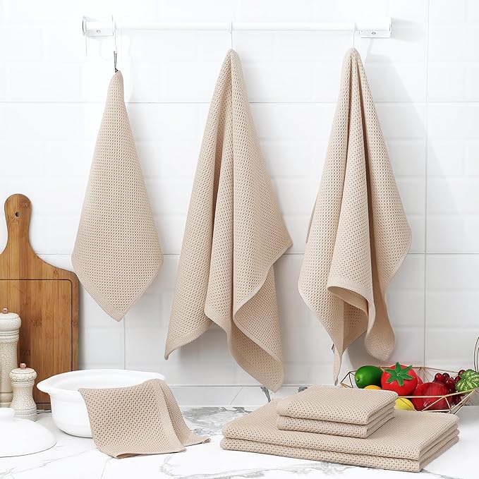 Homaxy 100% Cotton Kitchen Towels and Dishcloths Set, Large 12 x 12 Inches and 20 x 28 Inches, Set of 8 Bulk Kitchen Towels Set, Ultra Soft Absorbent Dish Cloths for Washing Dishes, Beige