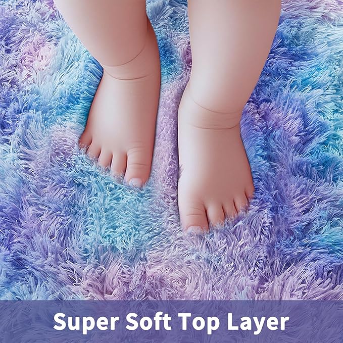 Ophanie Round Rugs 5Ft Tie-Dye Rainbow Purple Area Rug, Aesthetic Room Decor, Fluffy Fuzzy Bedroom Carpet, Plush Soft Shaggy Colorful Living Room Rugs for Kids Home Decor, Nursery