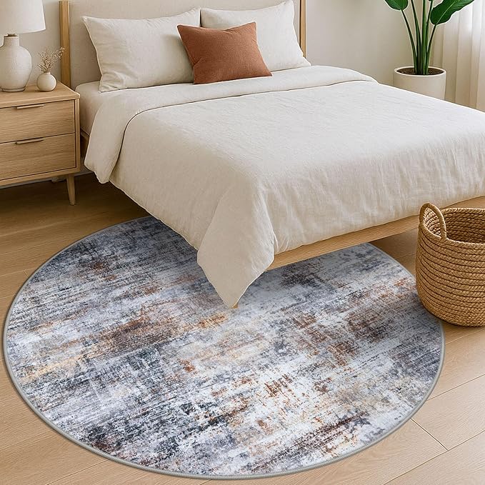 IOHOUZE Abstract Round Area Rug 6 Ft Washable Circle Rugs Large Round Rug Non Slip Thin Soft Circle Rugs, Printed Faux Wool Floor Carpet for Bedroom Living Room Dining Room Nursery, Orange Grey
