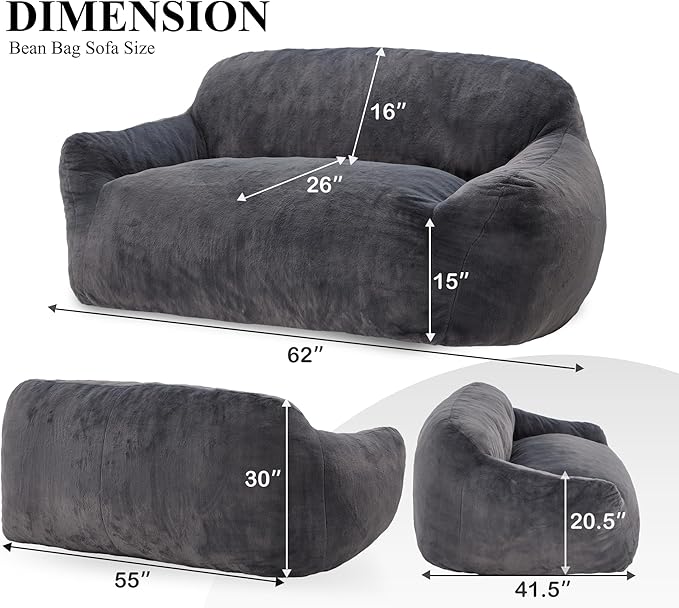 Homguava Oversized Bean Bag Chair for Adults, Giant Bean Bag Sofa,Bean Bag Couch with Soft Faux Fur Cover & Wide Armrests Big BeanBag Lazy Sofa for Bedroom,Living Room,Apartment (Grey)