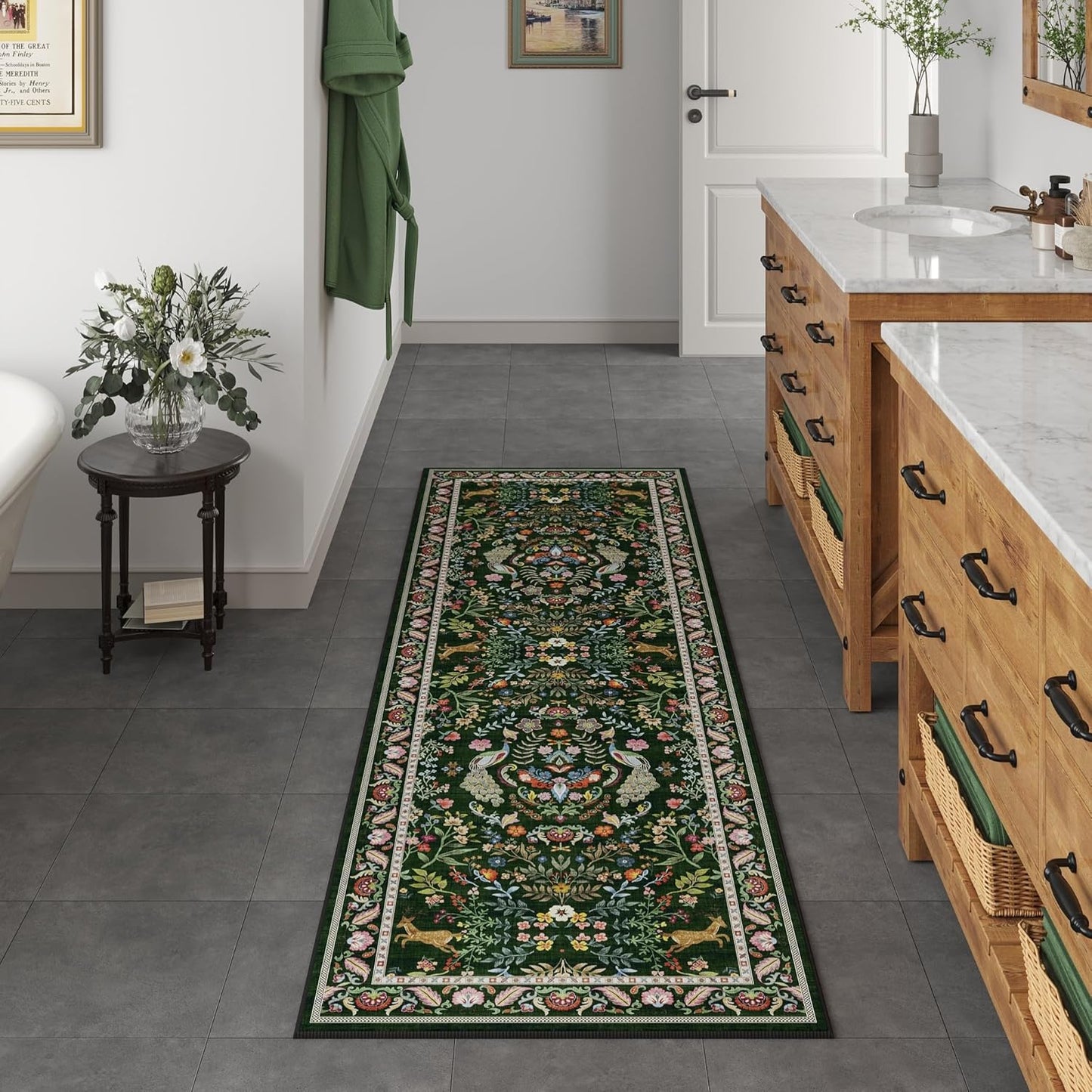 Runner Rug Washable Kitchen 2'x10' Rug Floral Non-Slip for Entryway Indoor Soft Carpet Runner for Hallways, Kitchen, Laundry, Bedroom, Bathroom (Emerald Green)