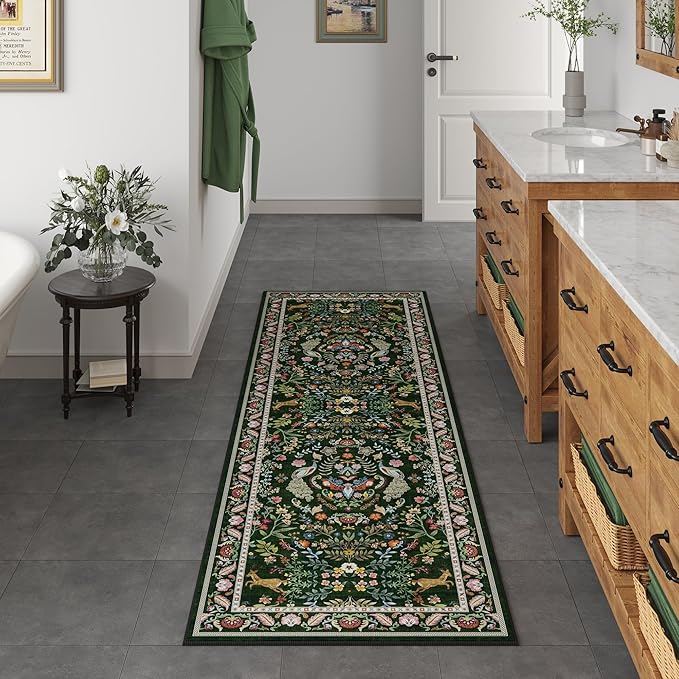 Runner Rug Washable Kitchen Runner 2'6''x8' Rug for Entryway Indoor Floral Non-Slip Soft Carpet for Hallways, Kitchen, Laundry, Bedroom, Bathroom (Emerald Green)