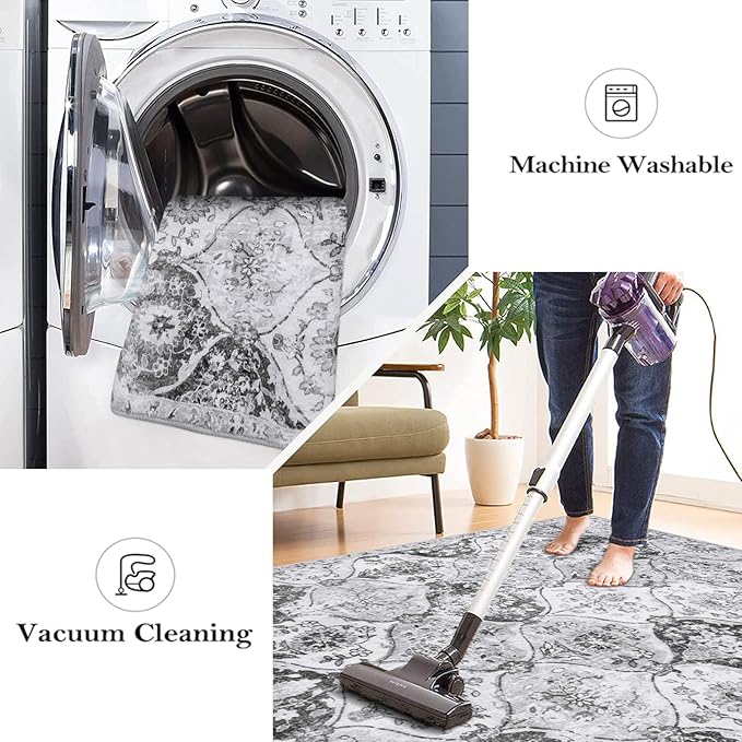 Lahome Moroccan Trellis Washable Runner Rug, 2x6 Kitchen Runners for Hallways 6 Feet Non Slip, Vintage Laundry Room Rug Ultra-Thin Long Carpet for Bathroom Bedroom Entryway, Silver/Grey