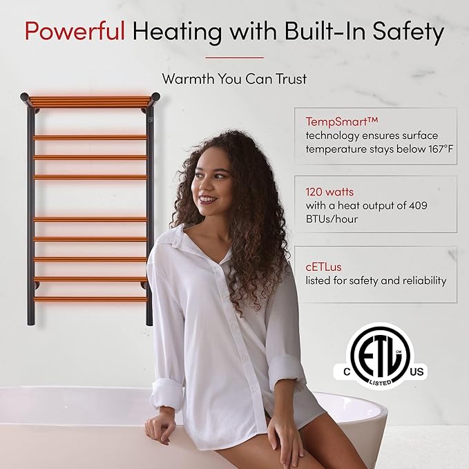 WarmlyYours Black Towel Warmers for Bathroom - Wall Mounted Black Heated Towel Rack with Shelf, 11 Bars Stainless Steel, 20x36 in. Electric Heating and Drying Rack, 120V Plug-in or Hardwired (Summit)