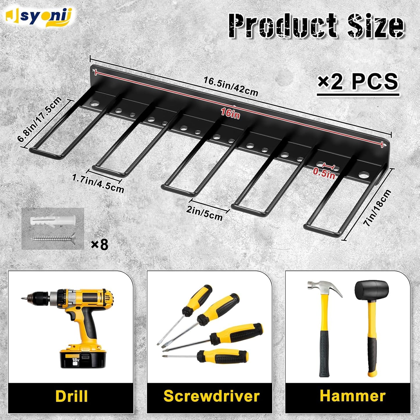 2 Pack Drill Holder Wall Mount, Power Tool Organizer, 4 Cordless Metal Drill Racks with Screwdriver Hole, Heavy Duty Garage Tool Organizer Storage Rack for Workshop Tool Room Basement