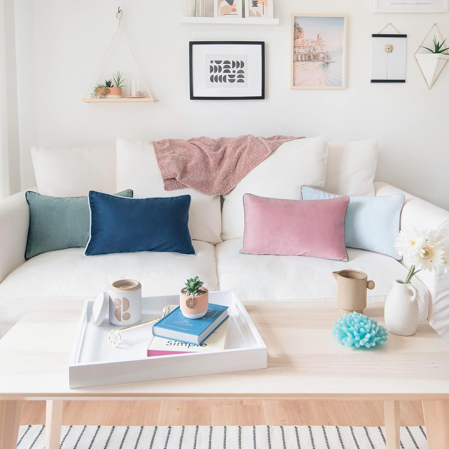 MONDAY MOOSE Decorative Throw Pillow Covers Cushion Cases, Set of 4 Soft Velvet Modern Double-Sided Designs, Mix and Match for Home Decor, Pillow Inserts Not Included (12x20 inch, Pink/Blue)