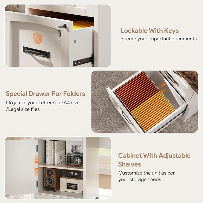 Farmhouse Executive Desk with Drawers, 55" Home Office Desks with Fast Charging Station, Lockable File Cabinet, Wood Writing Computer Desk for Work, Study, White