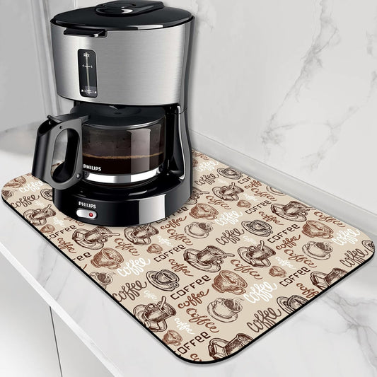 Doodle Coffee Cup Dish Drying Mat,16"X24" Absorbent Fast Dish Drying Mat for Kitchen Counter Pot and Pan, Kitchen Accessories