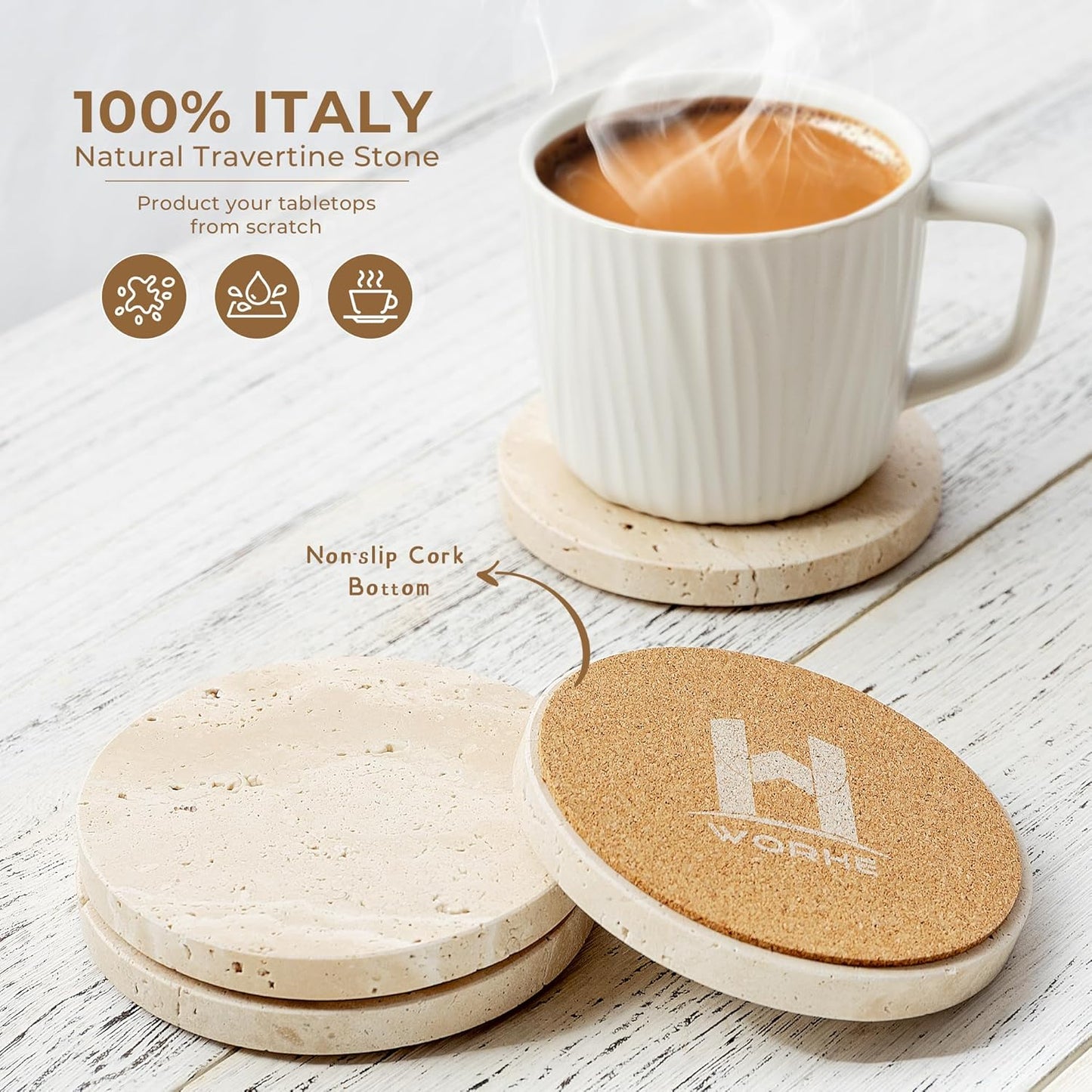 WORHE Natural Travertine Marble Coasters Set of 4-4" Round Stone Drink Coasters, Non-Slip Cork Backing, Housewarming Gift, Wedding, Protect Tables from Stains & Scratches (BD140)