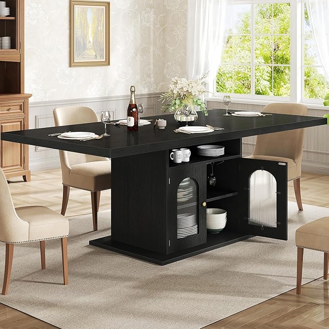 HSH Black Dining Table for 4 to 6, Modern Kitchen Dining Room Table with 3-Tier Storage Shelf and Acrylic Door Cabinet, Rectangular Wooden Dinner Tables for Home Kitchen Living Room, Black Oak，63 in