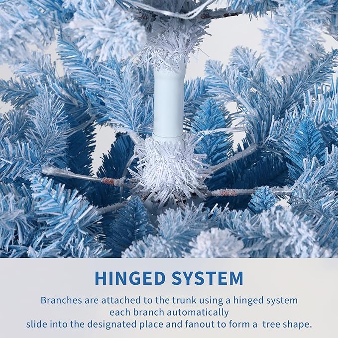 GarveeHome 6ft Snow Flocked Pencil Christmas Tree, Slim Artificial Christmas Tree with Sturdy Metal Stand, Skinny Xmas Tree Holiday Decoration for Home, Office, Blue Gradient