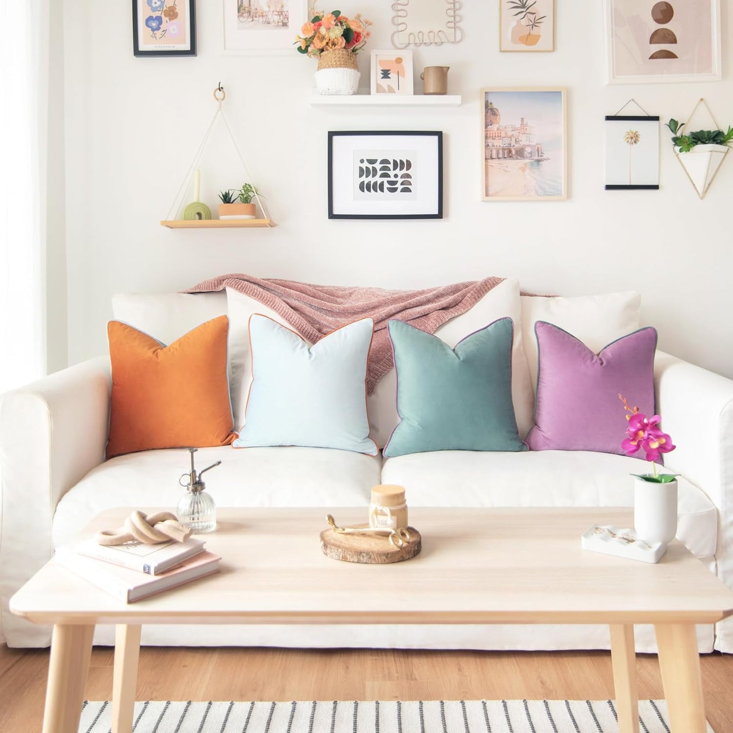 MONDAY MOOSE Decorative Throw Pillow Covers Cushion Cases, Set of 4 Soft Velvet Modern Double-Sided Designs, Mix and Match for Home Decor, Pillow Inserts Not Included (16x16 inch, Purple/Teal)