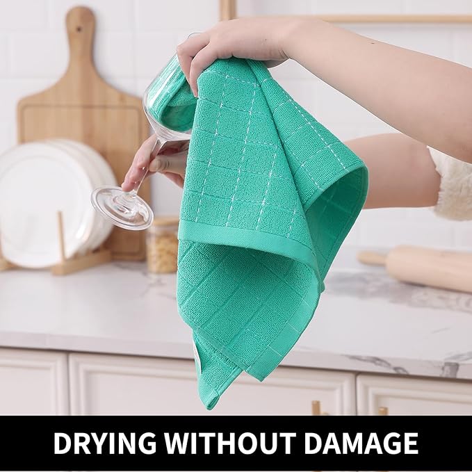 Homaxy 100% Cotton Terry Kitchen Towels(Turquoise, 13 x 28 inches), Checkered Designed, Soft and Super Absorbent Dish Towels, 8 Pack