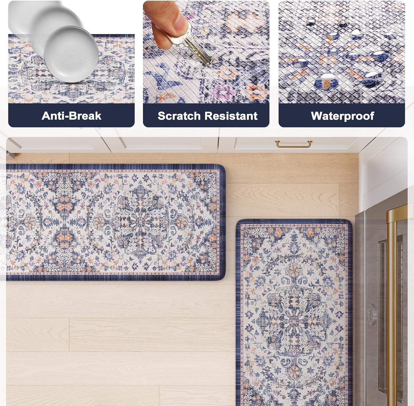 KIMODE Kitchen Mats for Floor, Boho Floral Blue Kitchen Rugs Sets of 2, Anti Fatigue Mats for Kitchen Floor, Cushioned Comfort Kitchen Floor Mats for Sink, Laundry, Desk,17"x47"+17"x29"