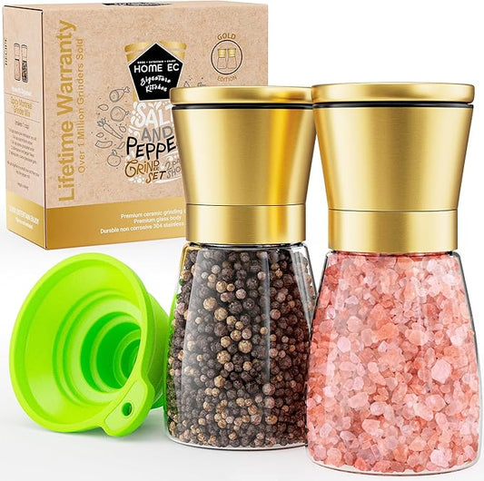 Home EC Original Gold Salt and Pepper Grinder Set of 2 - Adjustable Ceramic Grinder - Glass Salt and Pepper Shakers With Funnel and Ebook - Kitchen Spice Mill - Gold Kitchen Accessories