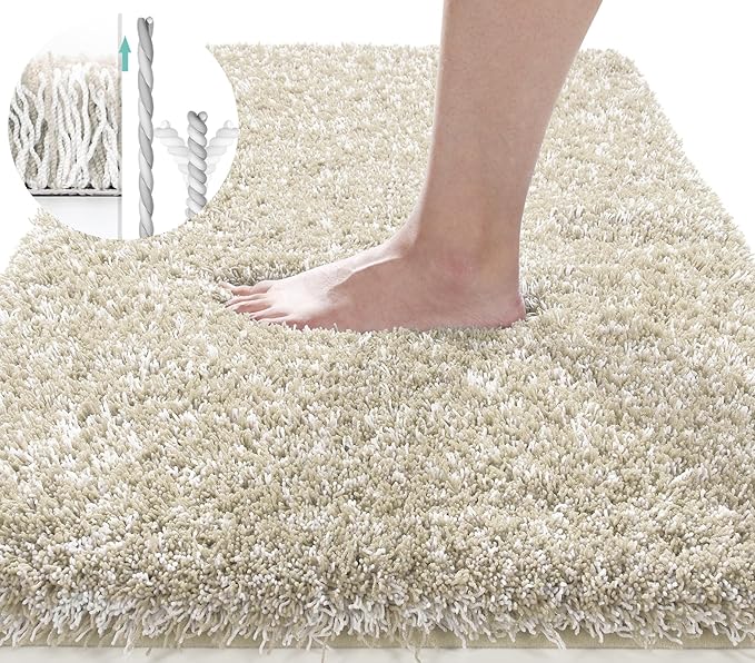 Yimobra Luxury Bathroom Rugs, Fluffy Bath Mats, Non Slip, Water Absorbent Microfiber, Machine Washable, Plush Runner Shower Rugs, Thick Matts for Bathroom Floor/Tub, 60"x 24", Light Beige and White