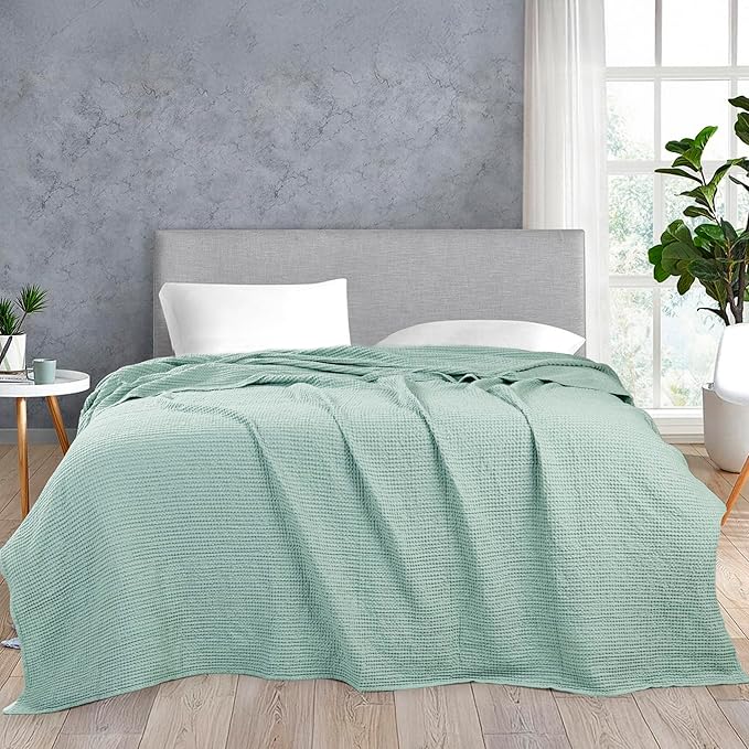HILLFAIR 100% Combed Cotton Blanket– California King Size Bed Blankets Warm Soft All Season Breathable Lightweight Summer Waffle Weave Home Decor Blanket- Sage California King Cotton Blankets/Bedcover