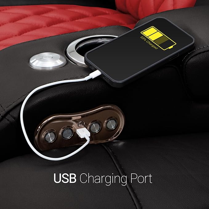 Seatcraft Diamante - Home Theater Seating - Living Room - Power Recline - Italian Leather - Powered Headrests - Cupholders - USB Charging - Ambient Lighting - Arm Storage, Black/Red, Row of 2