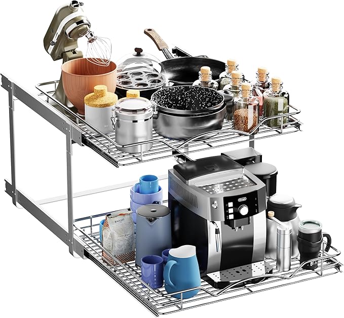 HOLDN’ STORAGE Two Tier Pull Out Cabinet Organizer, Individual Sliding Drawers - Heavy Duty Metal with Lifetime Limited Warranty - Anti Rust Chrome Finish - 22.5" W x 21”D x 16.5" H