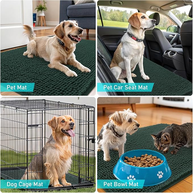 OLANLY Dog Door Mat for Muddy Paws 36x24, Absorbs Moisture and Dirt, Absorbent Non-Slip Washable Doormat, Quick Dry Chenille Mud Mat, Entry Indoor Entryway Carpet for Inside Floor, Blackish Green