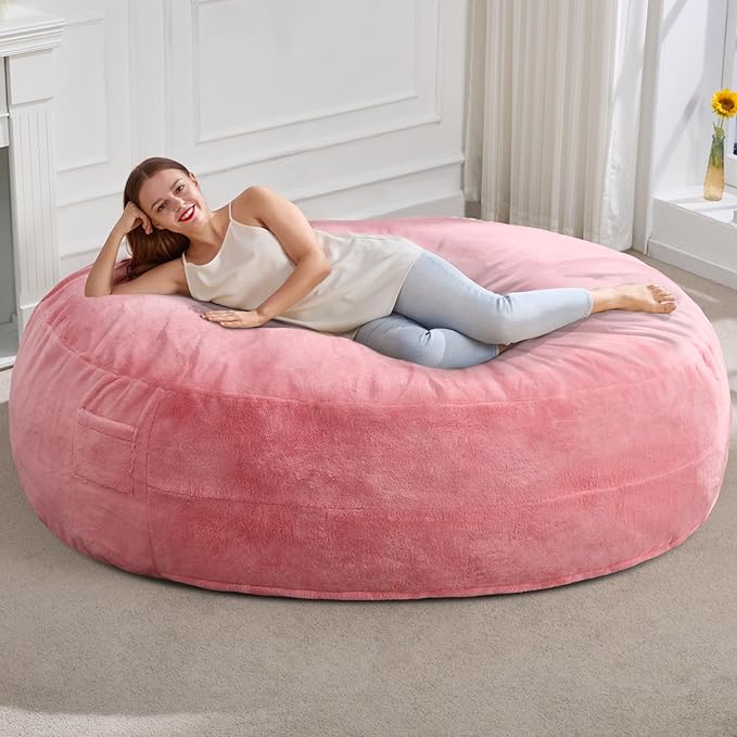 Hobestluk 6ft Bean Bag Chairs for Adults Large Beanbag Chair with Plush Faux Fur Cover Big Bean Bag Chair for Living Room Bedroom Dorm Office - Pink (70" x 70" x 15")