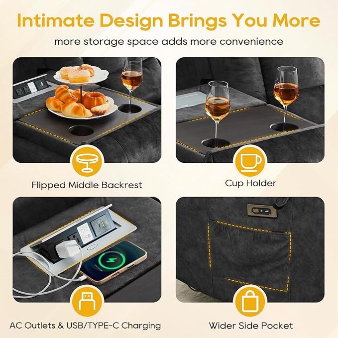 IPKIG 76" Power Reclining Sofa, Electric Home Theater Seating with Flipped Middle Backrest/LED Lighting/USB Ports/Built-in Outlets, Dual Recliner Sofa 3 Seater for Living Room RV (Grey)