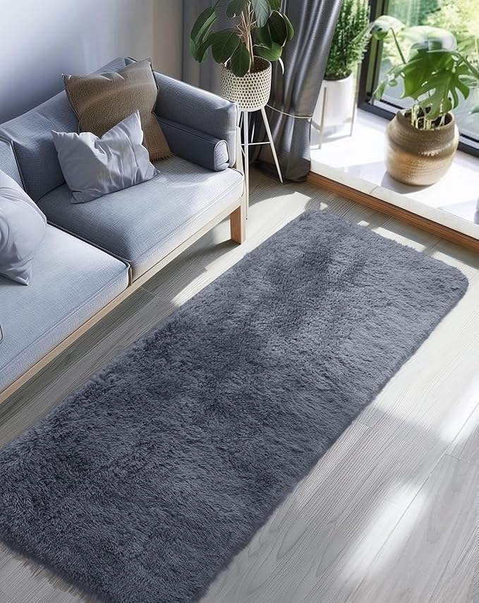 Ophanie Runner Rug for Hallway, 2x6 Upgrade Non-Slip Fluffy Soft Bedside Rugs, Bedroom Living Room Grey Shaggy Gray Carpet for Kids Girls Boys Dorm Nursery Home Decor Aesthetic