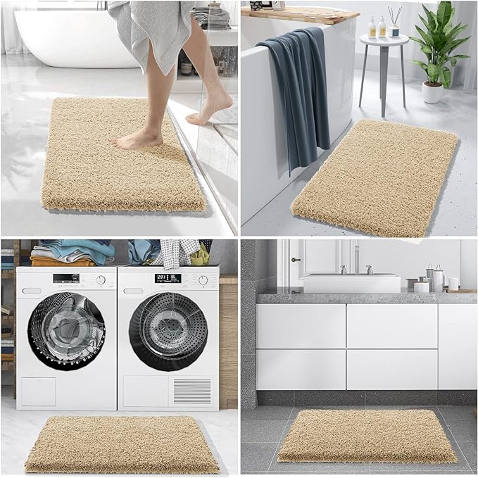 Yimobra Plush Thick and Soft Cut Pile Bathroom Mats, Super Shaggy Comfortable Quick Water Absorbing Non Slip Bath Rugs, Ultra Plush Thick with Machine Washable Bath Mat, 36"x 24", Pure Beige