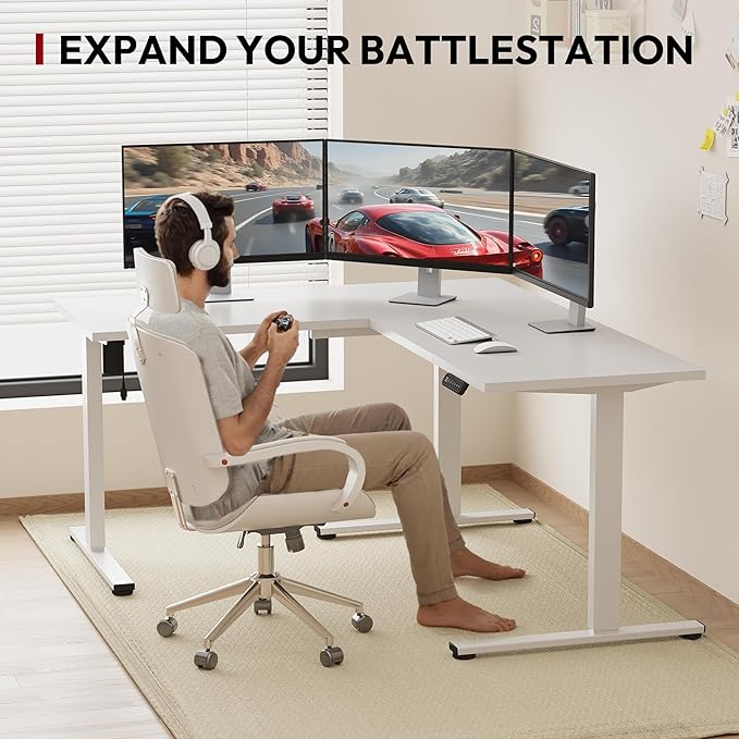 SANODESK Electric Height Adjustable 3 Leg Corner Desk Frame, up to 220lbs, Sit Stand Ergonomic L Shaped Frame Only, White