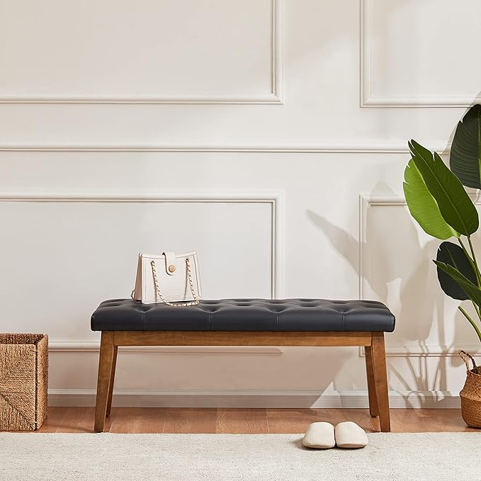 HUIMO Entryway Bench, Black Leather, Solid Wood, Durable and Wear-Resistant