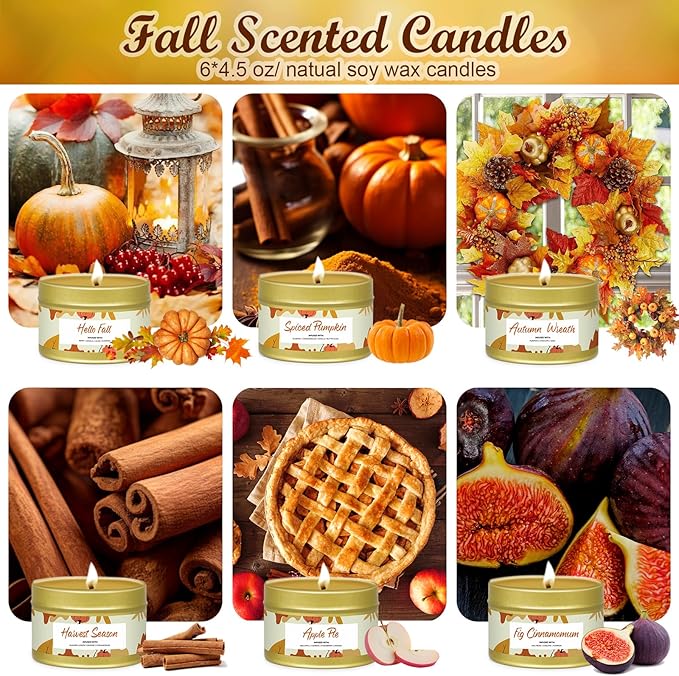 6 Pack Small Fall Candles Set,Pumpkin Scented Candles for Home Decor,Halloween Candle Gifts for Women, Jar Candle Scents of Berry, Spiced Apple Pie,Autumn Breeze,Thanksgiving, Fall Decoration Candle