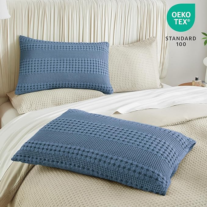 PHF 100% Cotton Waffle Pillow Shams King Size, 2 Pack 20" x 36" Soft Skin-Friendly Pillowcases, No Filling, Aesthetic Woven and Breathable Waffle Weave Pillow Case Covers for Bed, Captain's Blue