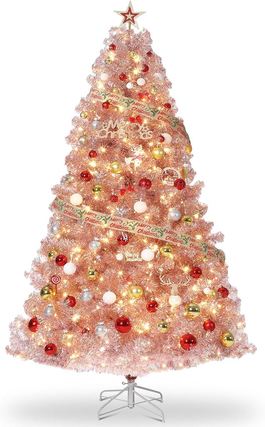 GarveeHome Rose Gold Tinsel Christmas Tree, 6ft Artificial Pencil Christmas Tree with Sturdy Metal Stand, Slim Skinny Xmas Holiday Decoration for Indoor, Home, Office, Party