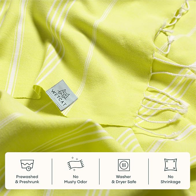 WETCAT Turkish Beach Towel Oversized (38"x71") 100% Turkish Cotton, Made in Turkey - Sand Free, Extra Large, Ultra Soft, Quick Drying, Compact & Lightweight for Travel - Citrus
