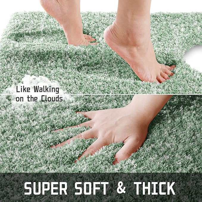 Yimobra Toilet Rugs U Shaped Washable 24x20, Ultra Soft and Water Absorbent Bath Mats, Non Slip Fluffy Shaggy Luxury Microfiber Contour Bath Rugs for Toilet, Dry Quick, Light Green and White