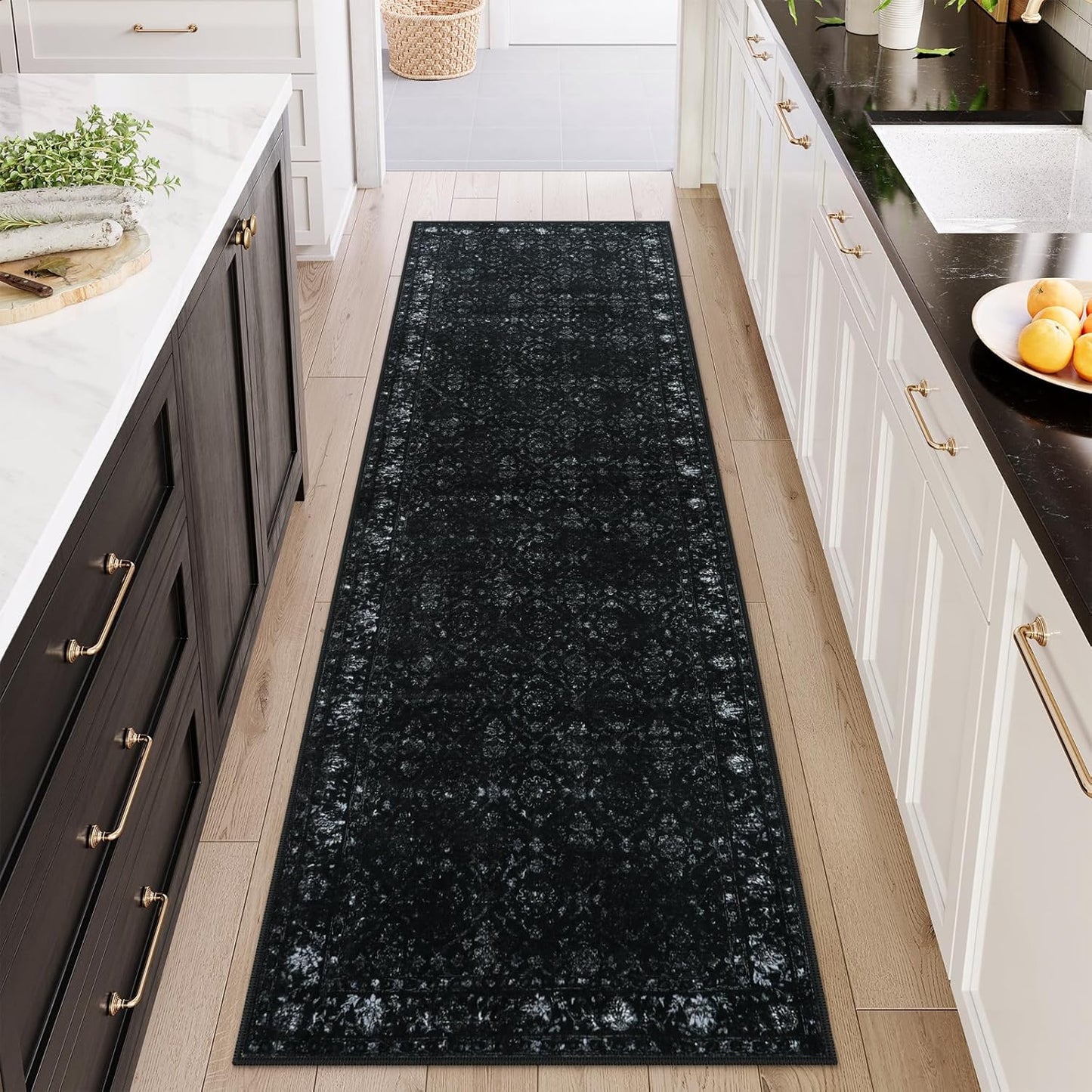 Vintage Black Washable Hallway Runner Rug, 2.6x8 Non Slip Runnersfor Hallways Entrance Indoor,Extra Long Kitchen Rug Runner, Soft Floor Carpet for Entry Laundry Bedroom (2'6"x8', Black)